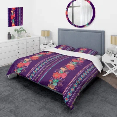 Design Art Red And Purple Flower Striped - Abstract Duvet Cover Set - Microfiber Polyester In Purple,red