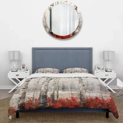 Design Art Red Birch Wood In Winter Ii - Floral Duvet Cover Set - Microfiber Polyester In Red;silver