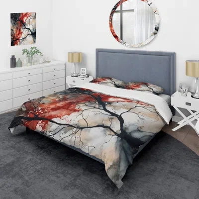 Design Art Red Black Captivating Liquid Ink - Abstract Geometric Duvet Cover Set - Microfiber Polyester In Black;red