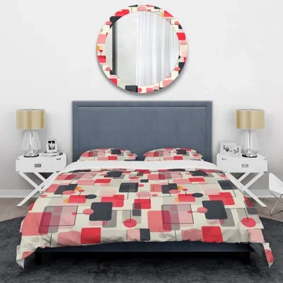 Design Art Red Black Geometric Shapes I - Geometric Duvet Cover Set In Black;red