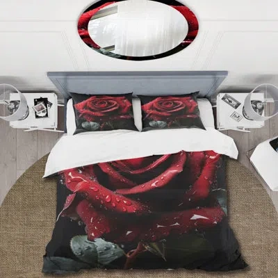 Design Art Red Black Rose Elegance I - Rose Duvet Cover Set - Microfiber Polyester In Black;red