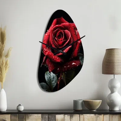Design Art Red Black Rose Elegance I - Rose Unique Shape Metal Clock, Red Asymmetrical Wall Clock Print