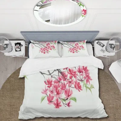 Design Art Red Blossoming Tree - Traditional Duvet Cover Set - Microfiber Polyester In Pink,green