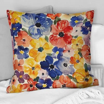Design Art Red Blue Retro Floral Gardens - Floral Retro Throw Pillow In Blue;red