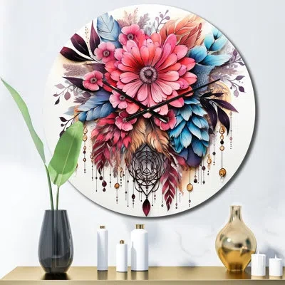 Design Art Red Boho Flowers And Blue Feathers Ii Wall Clock In Blue;pink