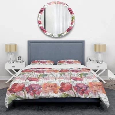 Design Art Red Botanical Flowers - Cabin & Lodge Duvet Cover Set In Green,red