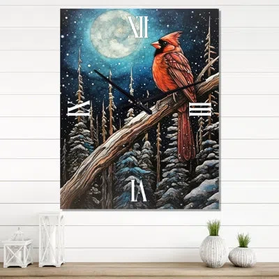 Design Art Red Cardinal Bird Under Full Moon I - Animals Bird Wall Clock Oversized In Blue;red