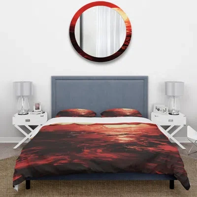 Design Art Red Crimson Sunset Storm - Coastal Sunset Duvet Cover Set In Red;yellow