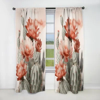Design Art Red Desert Cactus - Leaves Blackout Floral Curtain - 1 Panel In Green;red