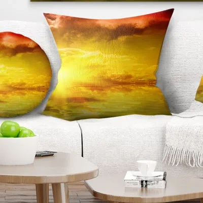 Design Art Red Dramatic Sky With Yellow Sun - Landscape Printed Pillow In Blue;orange