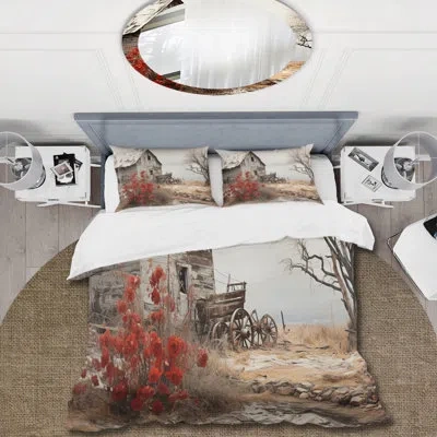 Design Art Red Farmhouse Rustic Elegance I - Farm Duvet Cover Set - Microfiber Polyester In Gray;red