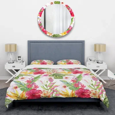 Design Art Red Floral And Green Leaf - Floral Duvet Cover Set - Microfiber Polyester In Red,green
