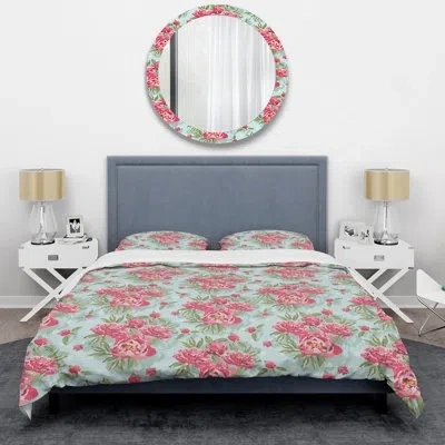 Design Art Red Floral With Green Leaf - Floral Duvet Cover Set - Microfiber Polyester In Pink,green