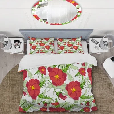 Design Art Red Floral With Green Leaf - Floral Duvet Cover Set - Microfiber Polyester In Red,green