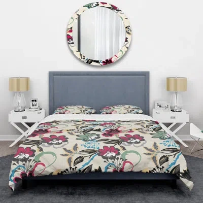 Design Art Red Flower And Black Leaf - Cabin & Lodge Duvet Cover Set In Beige,black,pink