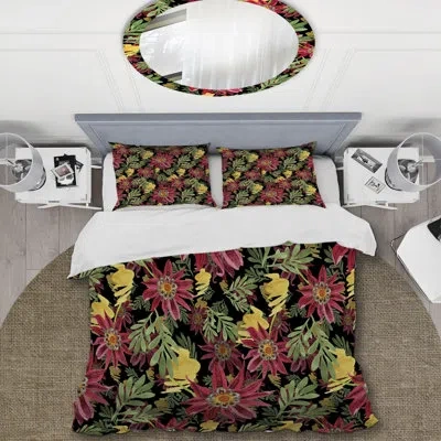 Design Art Red Flower And Green Leaf - Floral Duvet Cover Set - Microfiber Polyester In Green,yellow,pink