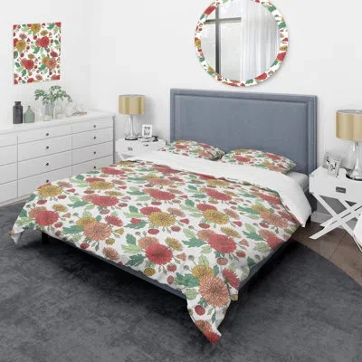 Design Art Red Flower And Green Leaf - Floral Duvet Cover Set - Microfiber Polyester In Red,green,yellow