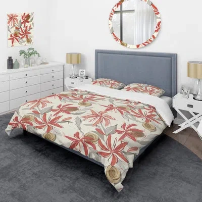 Design Art Red Flower And Grey Leaf - Cabin & Lodge Duvet Cover Set In White,pink