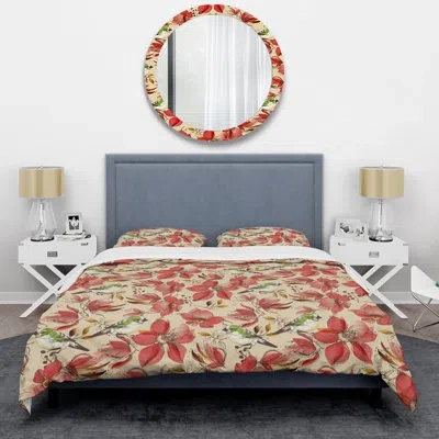 Design Art Red Flowers And Birds - Cabin & Lodge Duvet Cover Set In Red,beige,green
