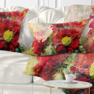 Design Art Red Flowers And Watercolor Splashes - Floral Printed Throw Pillow