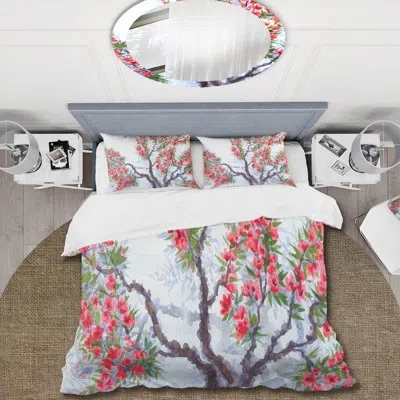 Design Art Red Flowers Of Spring Tree - Traditional Duvet Cover Set - Microfiber Polyester In Red,green,brown