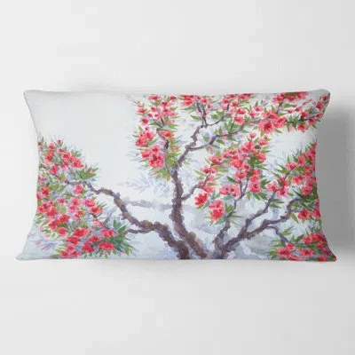 Design Art Red Flowers Of Spring Tree - Traditional Printed Pillow In Brown;white;green;red