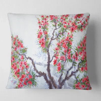 Design Art Red Flowers Of Spring Tree - Traditional Printed Throw Pillow