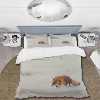 Design Art Red Fox Running In White Snow I - Farmhouse Duvet Cover Set - Microfiber Polyester In Brown,white