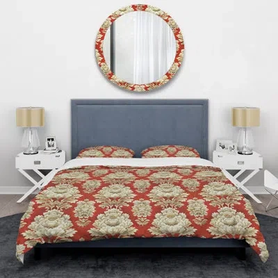 Design Art Red Gold Damask Beauty I - Tiles Duvet Cover Set In Red;gold