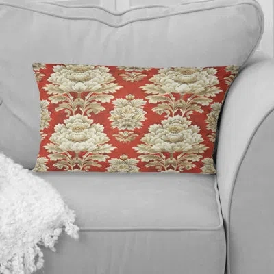 Design Art Red Gold Damask Beauty I - Tiles Lumbar Pillow In Red;gold