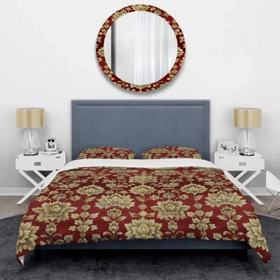 Design Art Red Gold Damask Beauty Ii - Tiles Duvet Cover Set In Red;gold