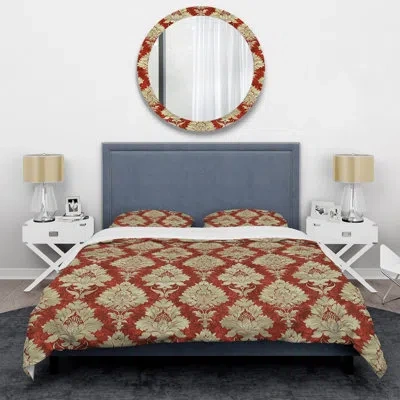 Design Art Red Gold Damask Beauty Iii - Tiles Duvet Cover Set In Red;gold