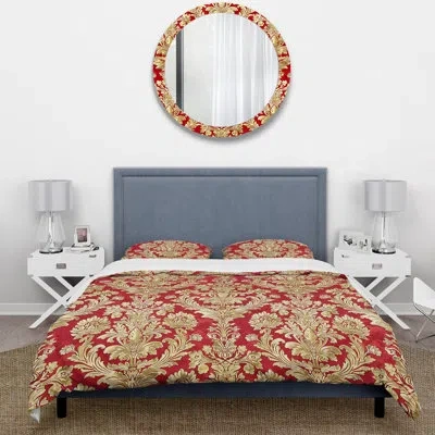 Design Art Red Gold Damask Iii - Damask Duvet Cover Set In Red;gold