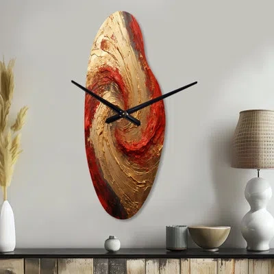 Design Art Red Gold Fusion Spiral - Abstract Spirals Asymmetrical Metal Clock, Modern Curved Wall Clock Print In Red;gold