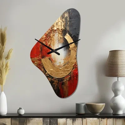 Design Art Red Gold Fusion Spiral Ii - Abstract Spirals Irregular Shape Metal Clock, Gold Asymmetrical Metal Cl In Red;gold