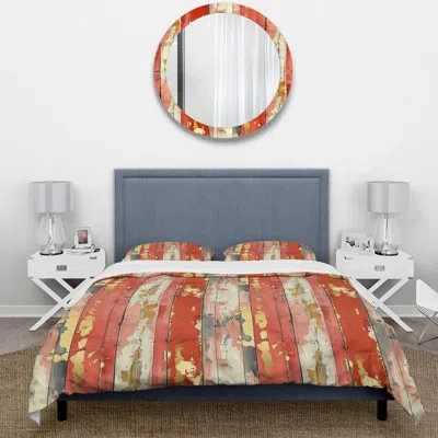 Design Art Red Gold Wood Barn Pattern I - Country Duvet Cover Set In Orange;gold