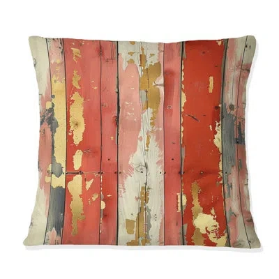Design Art Red Gold Wood Barn Pattern I - Country Pillow In Orange;gold