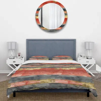 Design Art Red Gold Wood Barn Pattern Ii - Country Duvet Cover Set In Orange;gold