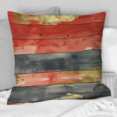 Design Art Red Gold Wood Barn Pattern Ii - Country Pillow In Orange;gold