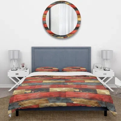 Design Art Red Gold Wood Barn Pattern Iii - Country Duvet Cover Set In Orange;gold