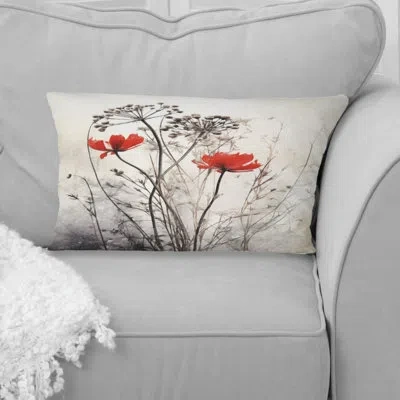 Design Art Red Grey Herb Garden I - Floral Printed Throw Pillow In Gray;red