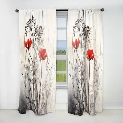 Design Art Red Grey Herb Garden I - Traditional Curtain - Velvet Room Darkening - 1 Panel In Red;grey