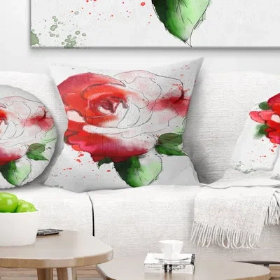 Design Art Red Hand Drawn Rose - Floral Printed Pillow