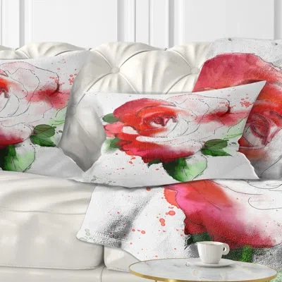 Design Art Red Hand Drawn Rose - Floral Printed Throw Pillow