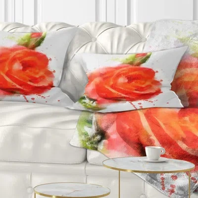 Design Art Red Hand Drawn Rose Sketch - Floral Printed Throw Pillow