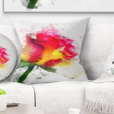 Design Art Red Hand Drawn Rose Watercolor - Floral Printed Throw Pillow