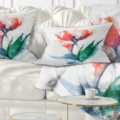 Design Art Red Hand Drawn Tulips Sketch - Floral Printed Throw Pillow