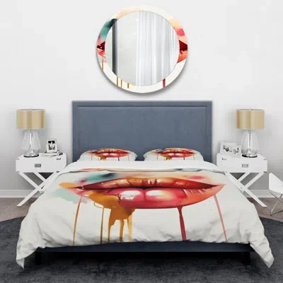 Design Art Red Lips Of Luxury I - Fashion Duvet Cover Set - Microfiber Polyester In Red;cream