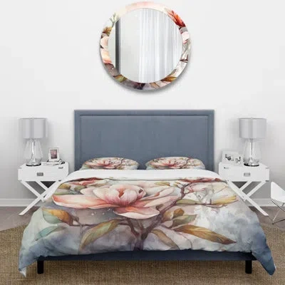 Design Art Red Magnolia Symphony Beddingmicrofiber / Polyester Duvet Cover Set In Green;red