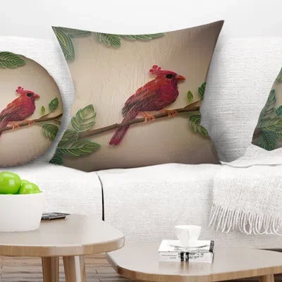 Design Art Red Paper Quilling Of Cardinal Bird - Floral Printed Pillow